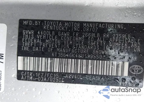 2008 Toyota Camry Se z USA, uszkodzony, nr VIN 4T1BE46K48U199550